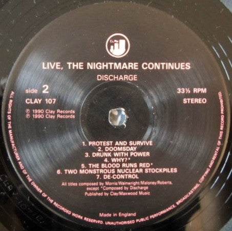 Discharge : The Nightmare Continues... Live (LP,Album)