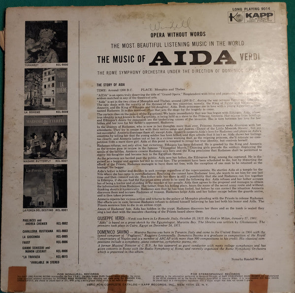 Giuseppe Verdi, Rome Symphony Orchestra, Domenico Savino : The Music of Aida (LP,Album,Stereo)