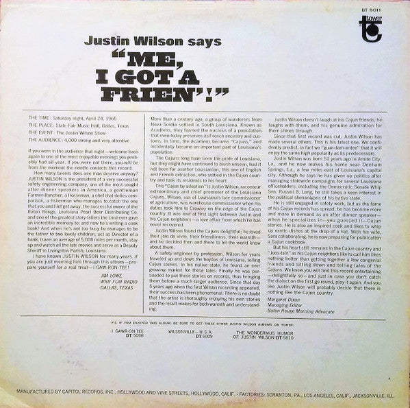 Justin Wilson : Justin Wilson Says "Me, I Got A Frien'!" (LP,Stereo)