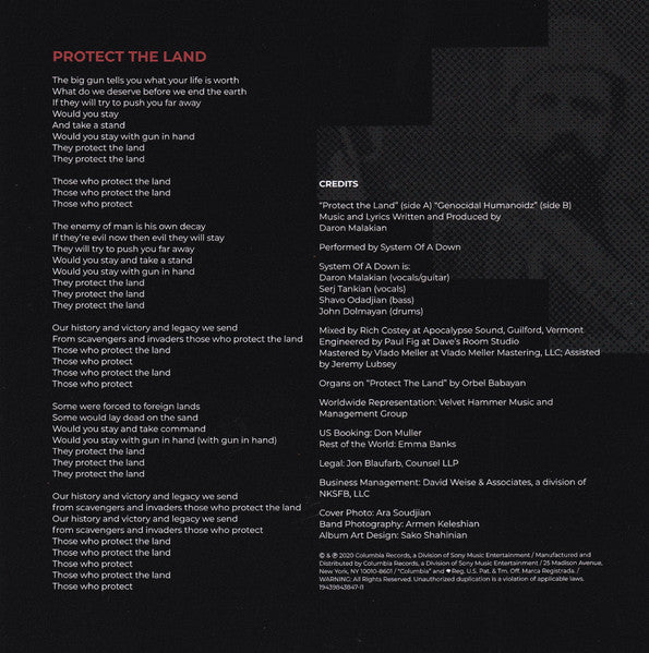 System Of A Down : Protect The Land / Genocidal Humanoidz (7",45 RPM,Single,Limited Edition)