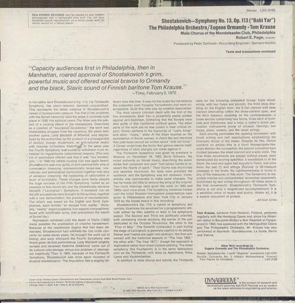 Dmitri Shostakovich - Eugene Ormandy, Philadelphia Orchestra, The, Tom Krause, Mendelssohn Club Of Philadelphia : Symphony No. 13 (Babi Yar) (LP)