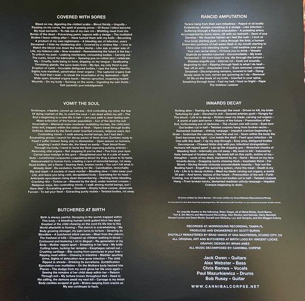 Cannibal Corpse : Butchered At Birth (LP,Album,Limited Edition,Reissue,Remastered)