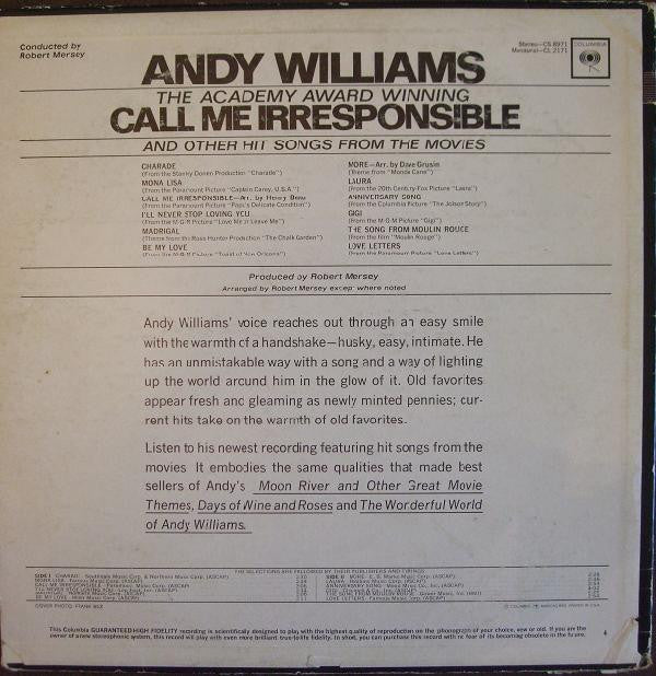 Andy Williams : Call Me Irresponsible And Other Hit Songs From The Movies (LP,Album,Mono)