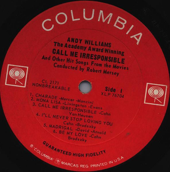 Andy Williams : Call Me Irresponsible And Other Hit Songs From The Movies (LP,Album,Mono)