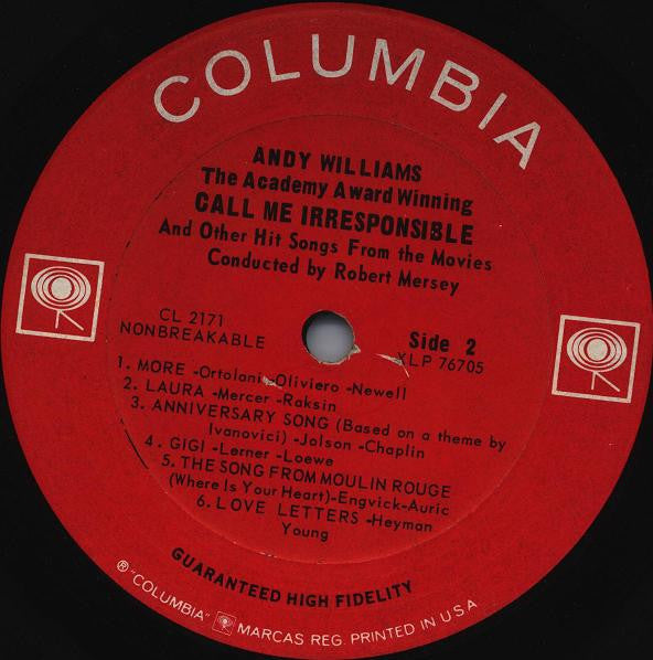 Andy Williams : Call Me Irresponsible And Other Hit Songs From The Movies (LP,Album,Mono)