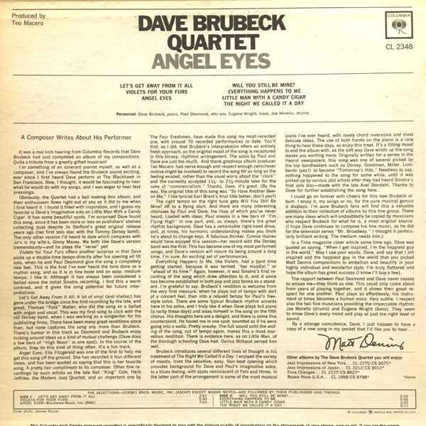 Dave Brubeck Quartet, The : Angel Eyes (LP,Album,Mono)