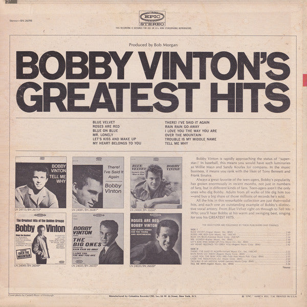 Bobby Vinton : Bobby Vinton's Greatest Hits (LP,Compilation,Repress,Stereo)