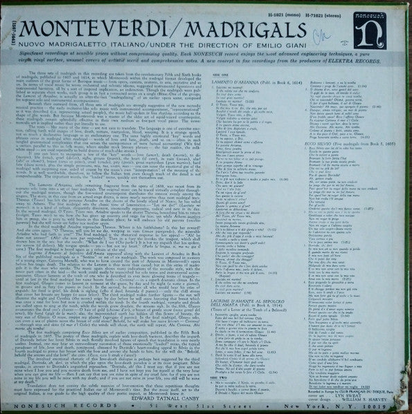 Claudio Monteverdi -  Il Nuovo Madrigaletto Italiano Under The Direction Of Emilio Giani : Madrigals (LP,Album,Stereo)