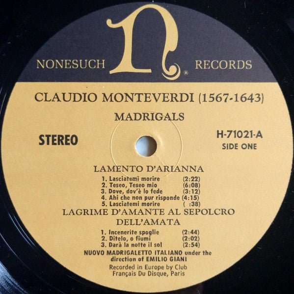 Claudio Monteverdi -  Il Nuovo Madrigaletto Italiano Under The Direction Of Emilio Giani : Madrigals (LP,Album,Stereo)