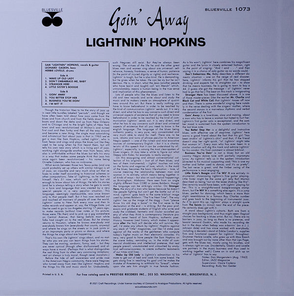 Lightnin' Hopkins : Goin' Away (LP,Album,Limited Edition,Reissue,Repress,Stereo)