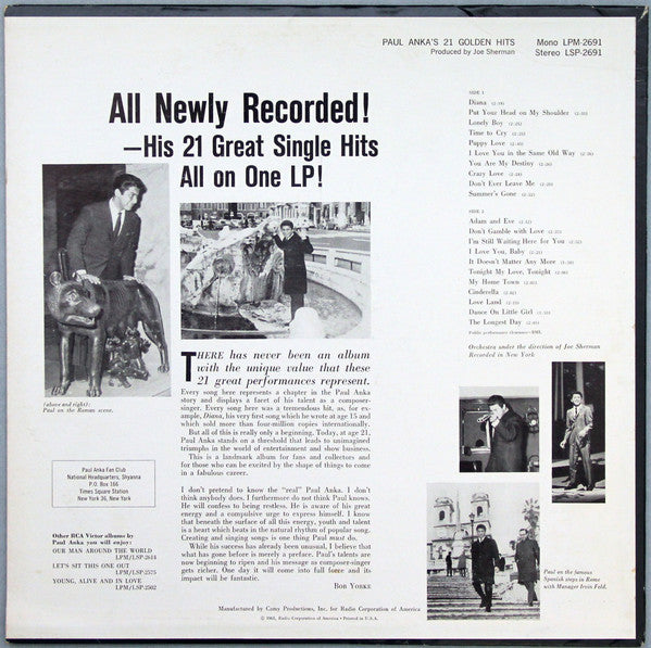 Paul Anka : Paul Anka's 21 Golden Hits (LP,Album,Compilation,Mono)