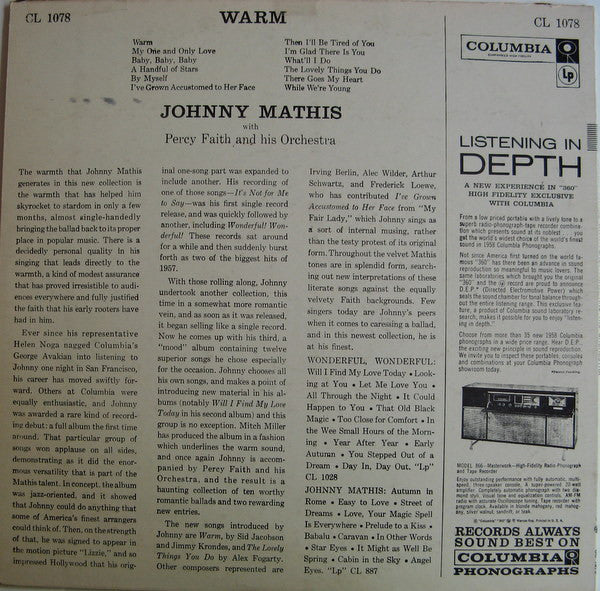 Johnny Mathis With Percy Faith & His Orchestra : Warm (LP,Album,Mono)