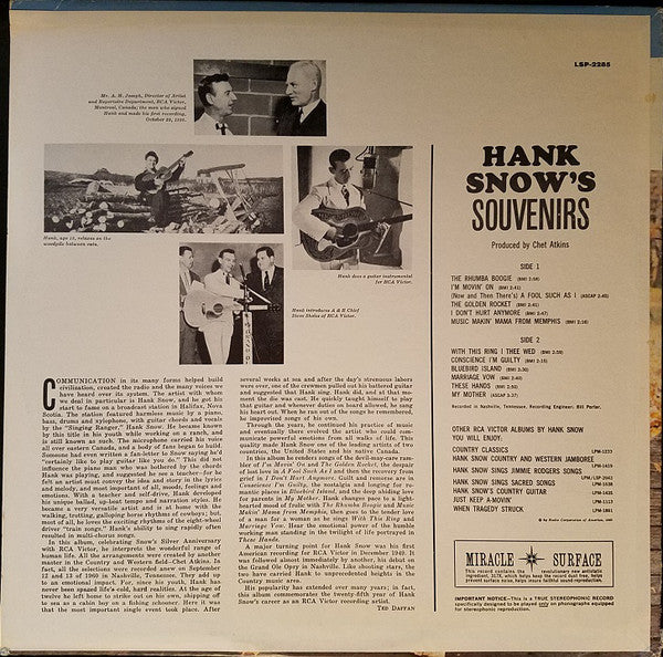 Hank Snow : Hank Snow's Souvenirs (LP,Album,Stereo)