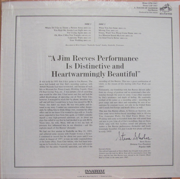 Jim Reeves : A Touch Of Sadness (LP,Album,Repress,Stereo)
