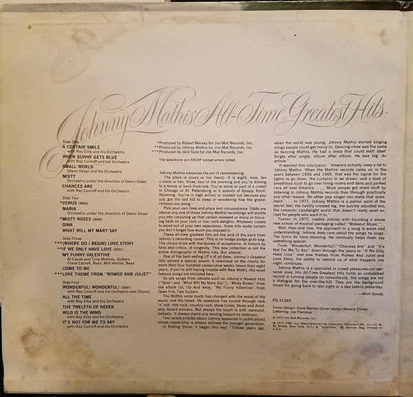 Johnny Mathis : Johnny Mathis' All-Time Greatest Hits (LP,Compilation)