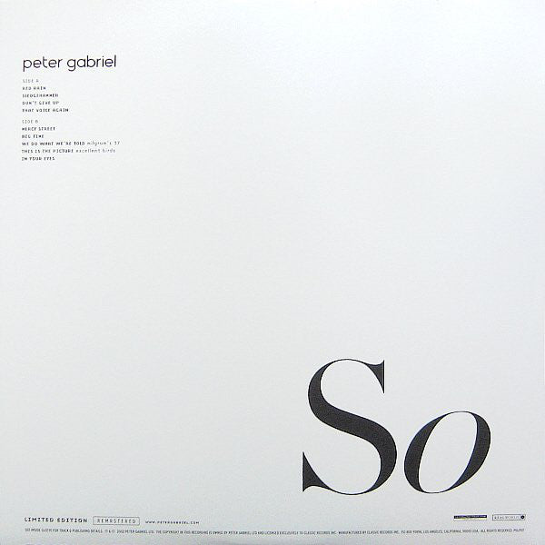 Peter Gabriel : So (LP,Album,Reissue,Remastered,Limited Edition)