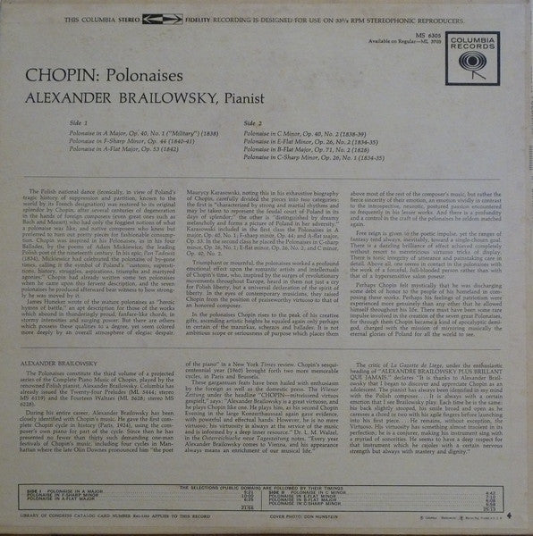 Frédéric Chopin : Alexander Brailowsky : Chopin Polonaises By Brailowsky (LP,Album,Stereo)