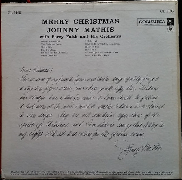 Johnny Mathis : Merry Christmas (LP,Album,Mono)