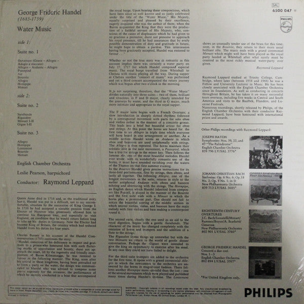 Georg Friedrich Händel, English Chamber Orchestra, Raymond Leppard : Water Music (LP,Album,Stereo)