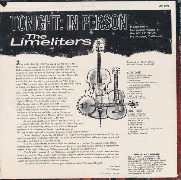 Limeliters, The : Tonight, In Person (LP,Album,Mono)