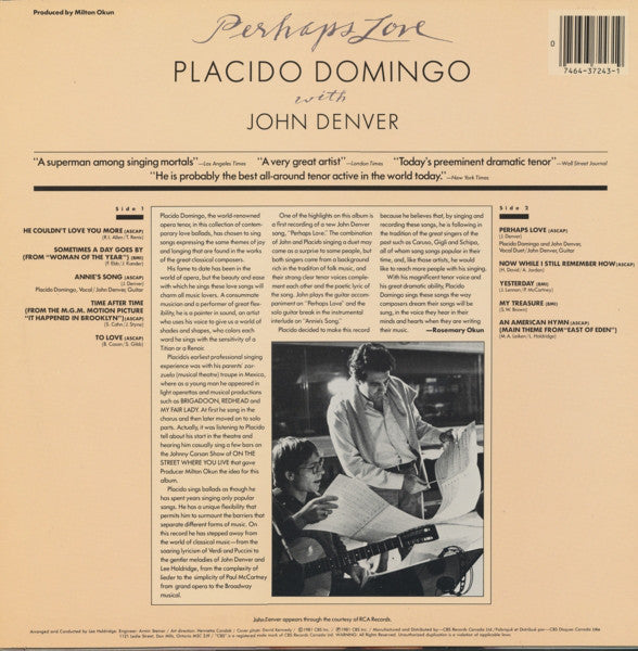 Placido Domingo With John Denver : Perhaps Love (LP,Album)