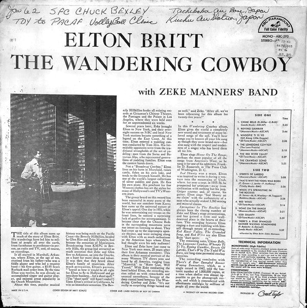 Elton Britt With Zeke Manners Band : The Wandering Cowboy (LP,Album,Mono)