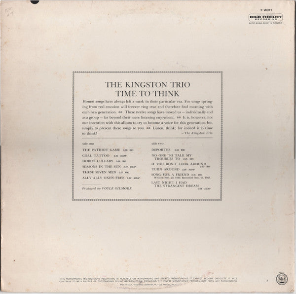 Kingston Trio : Time To Think (LP,Album,Mono)