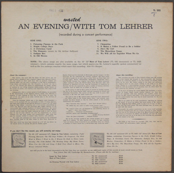 Tom Lehrer : An Evening Wasted With Tom Lehrer (LP,Album,Mono)