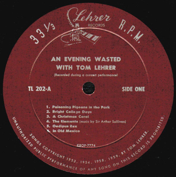 Tom Lehrer : An Evening Wasted With Tom Lehrer (LP,Album,Mono)