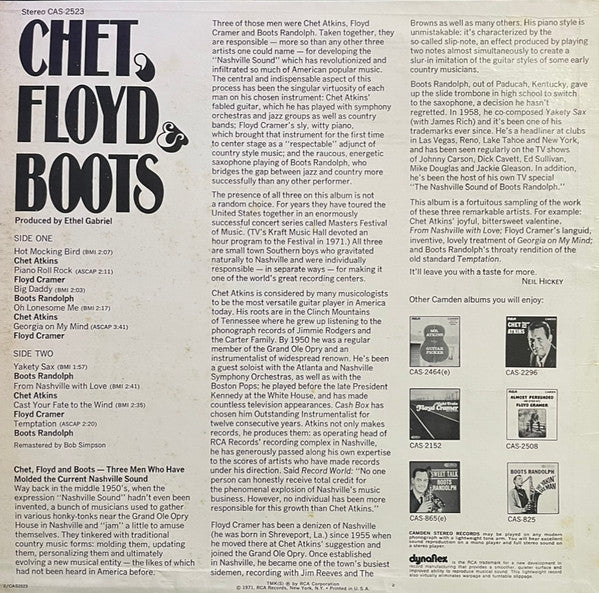 Chet Atkins, Floyd Cramer, Boots Randolph : Chet, Floyd & Boots (LP,Compilation,Stereo)
