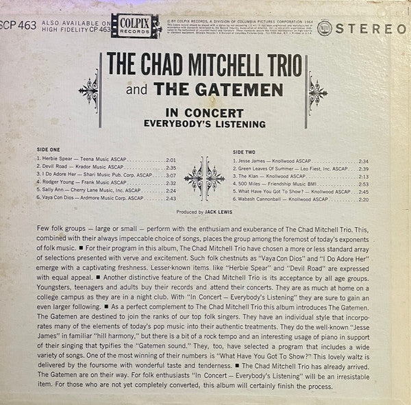 Chad Mitchell Trio, The And Gatemen, The : In Concert - Everybody's Listening (LP,Album,Stereo)