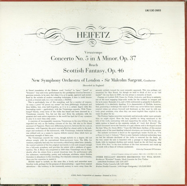 Jascha Heifetz, Max Bruch / Henri Vieuxtemps, New Symphony Orchestra Of London, The, Sir Malcolm Sargent : Scottish Fantasy / Concerto No. 5 (LP,Stereo)