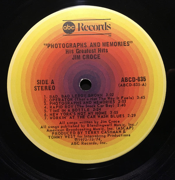 Jim Croce : Photographs & Memories (His Greatest Hits) (LP,Compilation)