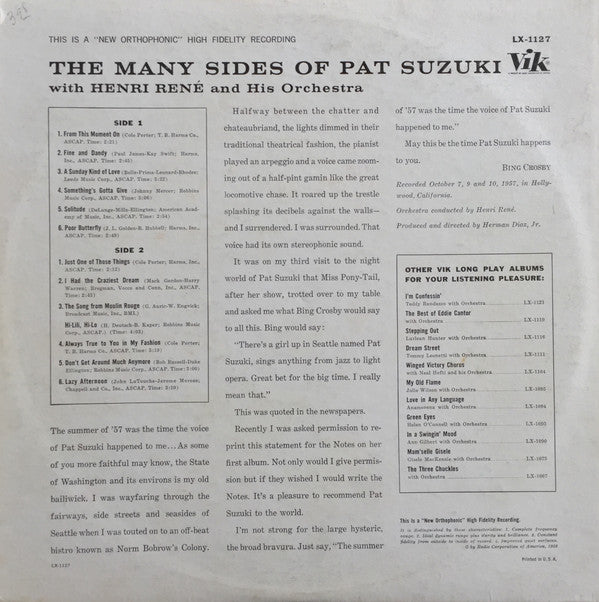 Pat Suzuki With Henri René And His Orchestra : The Many Sides Of Pat Suzuki (LP,Album,Mono)