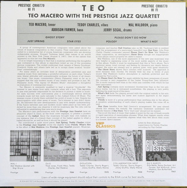 Teo Macero With Prestige Jazz Quartet, The : Teo (LP,Album,Club Edition,Reissue,Remastered,Mono)