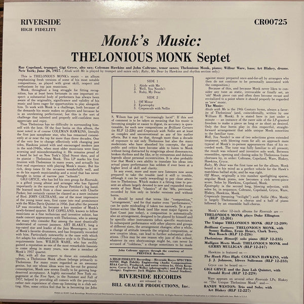 Thelonious Monk Septet : Monk's Music (LP,Album,Reissue,Remastered,Mono)