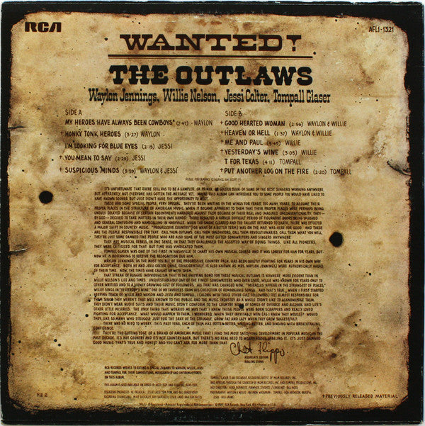 Waylon Jennings, Willie Nelson, Jessi Colter, Tompall Glaser : Wanted! The Outlaws (LP,Album,Compilation,Reissue)