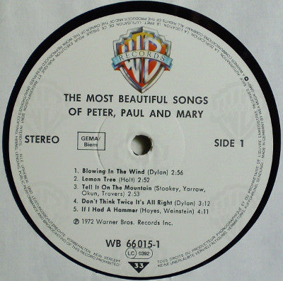 Peter, Paul & Mary : The Most Beautiful Songs Of Peter, Paul & Mary (LP,Compilation,Reissue)
