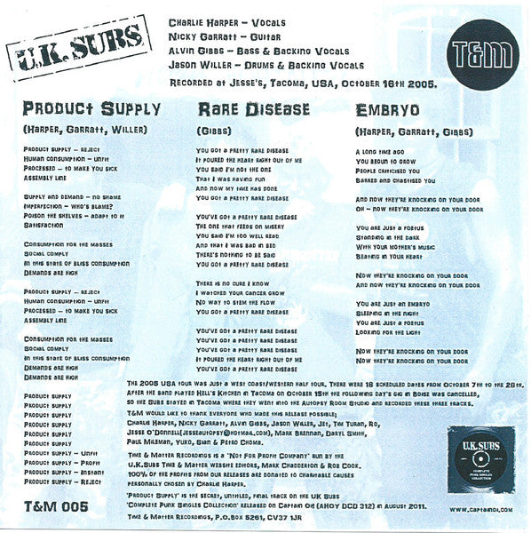 UK Subs : Product Supply (7",Limited Edition)