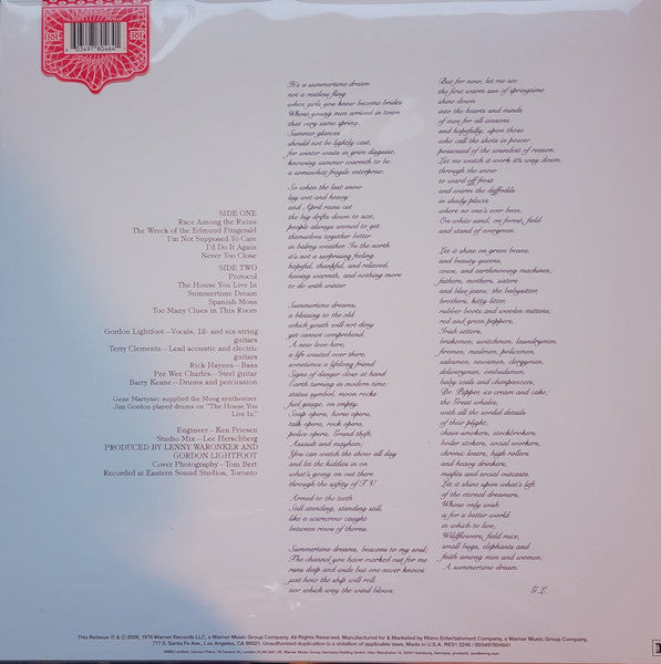 Gordon Lightfoot : Summertime Dream (LP,Album,Reissue,Remastered)