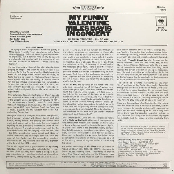 Miles Davis : My Funny Valentine - Miles Davis In Concert (LP,Album,Reissue)