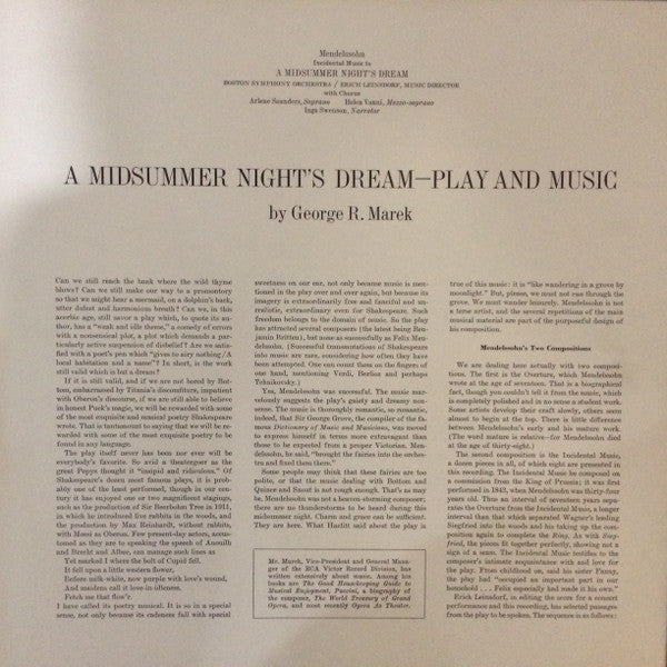 Felix Mendelssohn-Bartholdy, Boston Symphony Orchestra / Erich Leinsdorf : Incidental Music To A Midsummer Night's Dream (LP,Album,Stereo)