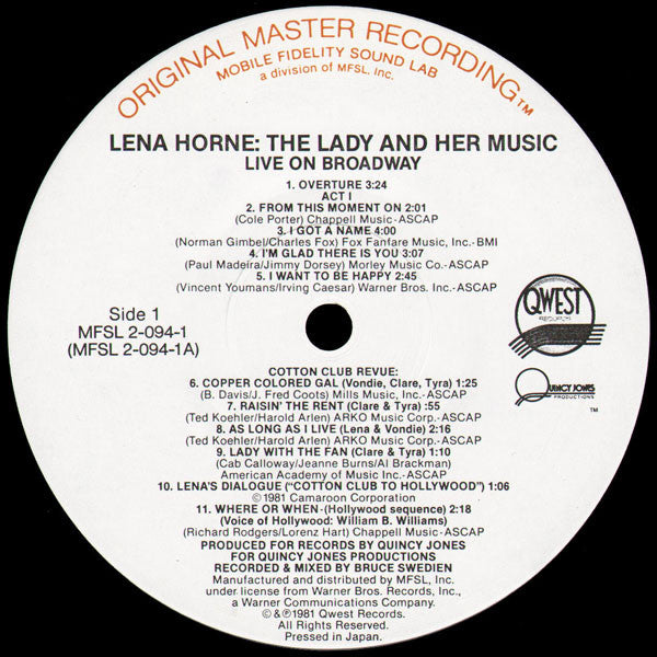 Lena Horne : Live On Broadway Lena Horne: The Lady And Her Music (LP,Album)