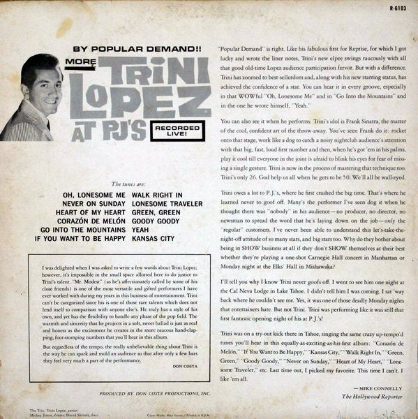 Trini Lopez : By Popular Demand More Trini Lopez At P.J.'s (LP,Album,Mono)
