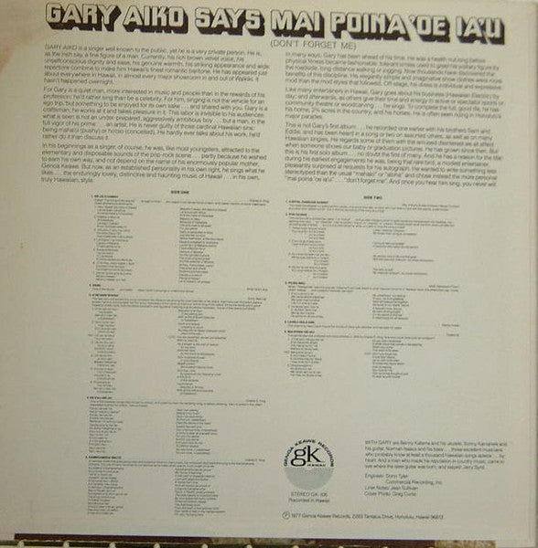Gary Aiko : Gary Aiko Says Mai Poina 'Oe Ia'u (LP,Album)