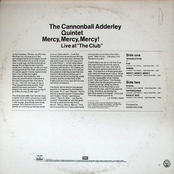 Cannonball Adderley Quintet, The : Mercy, Mercy, Mercy! Live At "The Club" (LP,Album,Reissue)