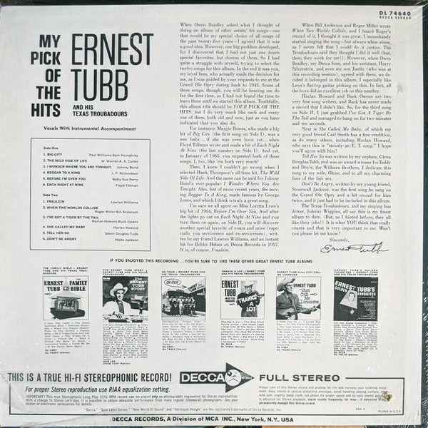 Ernest Tubb And His Texas Troubadours : My Pick Of The Hits (LP,Compilation,Stereo)