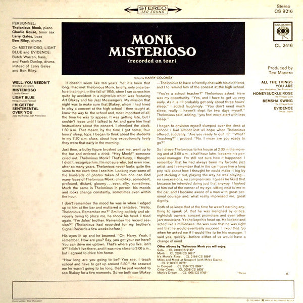 Thelonious Monk : Misterioso (Recorded On Tour) (LP,Album,Stereo)