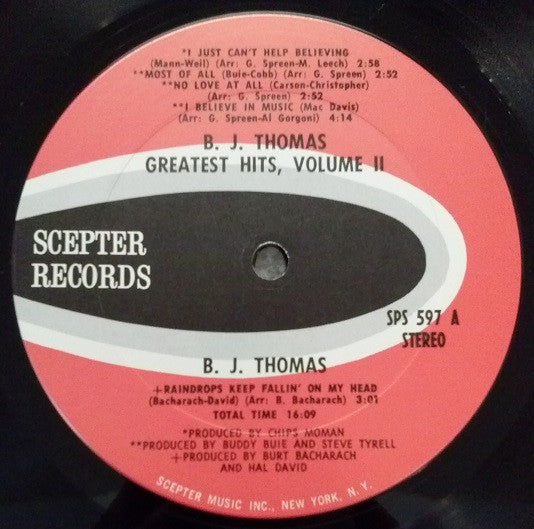 B.J. Thomas : Greatest Hits Volume Two (LP,Album,Compilation,Stereo)