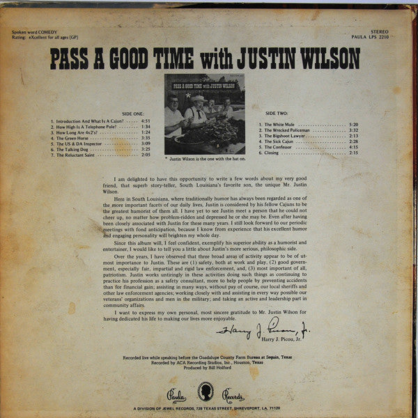 Justin Wilson : Pass A Good Time With Justin Wilson (LP,Album,Stereo)